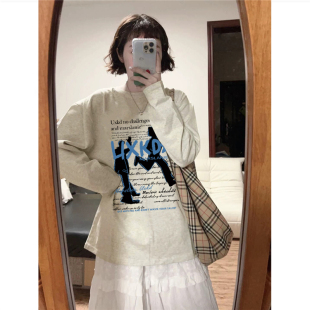 春秋薄款 t恤女2026新款 设计感宽松潮牌上衣 复古正肩长袖 纯棉美式