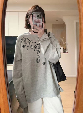 纯棉美式潮牌灰色正肩长袖t恤女2026新款春秋薄款小众设计感上衣