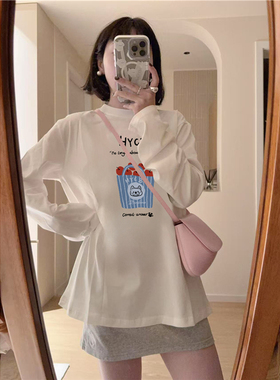 纯棉美式潮牌正肩长袖t恤女2025新款早秋宽松白色小众内搭体恤衫