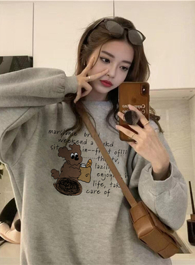 纯棉美式复古卡通灰色无帽卫衣女款慵懒风冬季加绒加厚超好看上衣