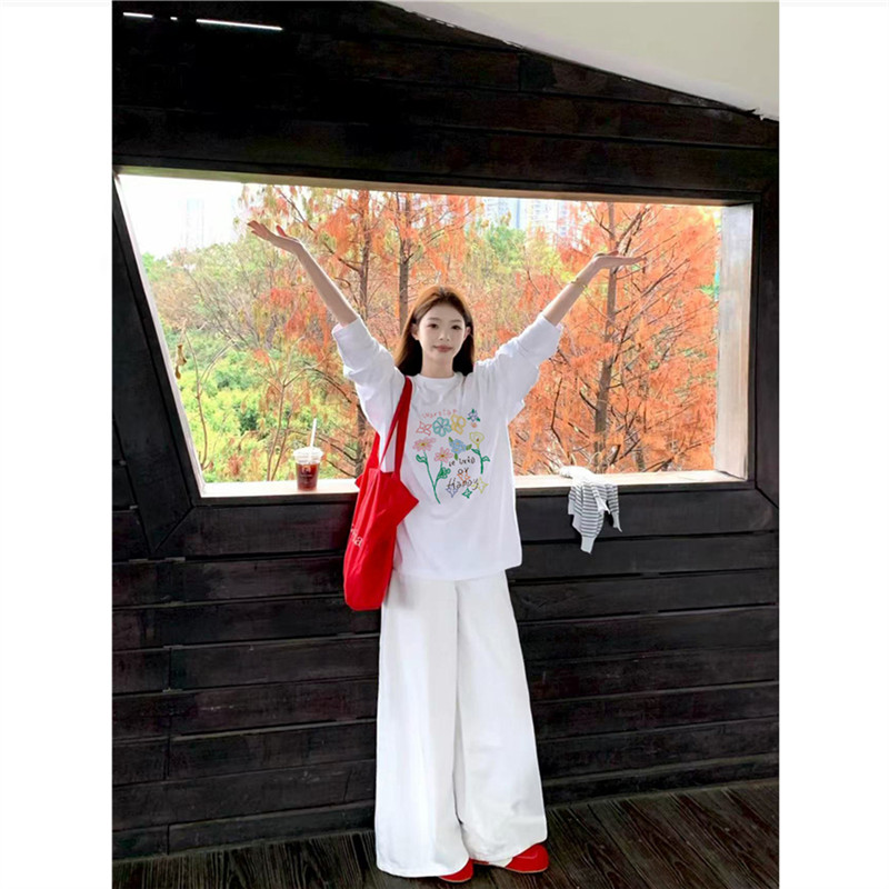 纯棉美式复古植物花卉正肩长袖t恤女秋2026新款高级感白色打底衫