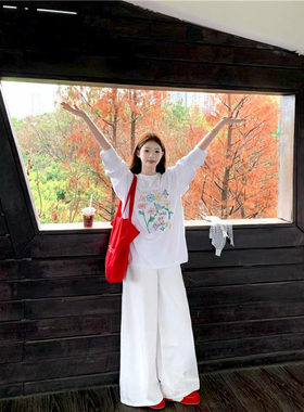 纯棉美式复古植物花卉正肩长袖t恤女秋2026新款高级感白色打底衫
