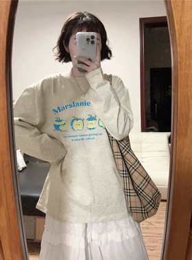 纯棉美式正肩苹果港味chic长袖t恤女2025新款设计感小众宽松体恤