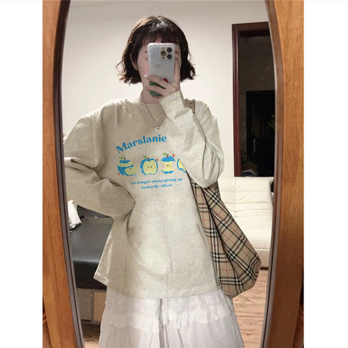 纯棉美式正肩苹果港味长袖t恤女