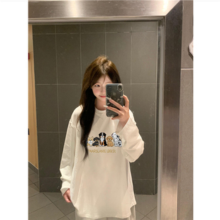 慵懒减龄白色内搭打底衫 纯棉美式 薄款 t恤女秋季 复古卡通正肩长袖