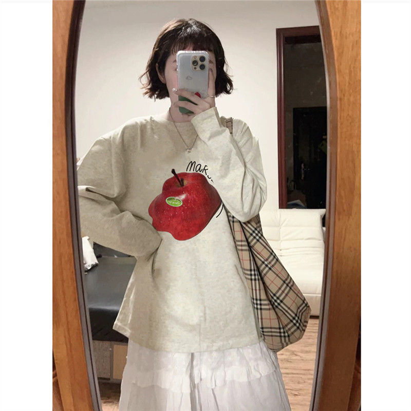 纯棉美式潮牌苹果融化设计感长袖t恤女2025新款小众慵懒打底上衣,女装/女士精品,T恤,淘宝优惠券,粉丝福利购,淘宝优惠卷