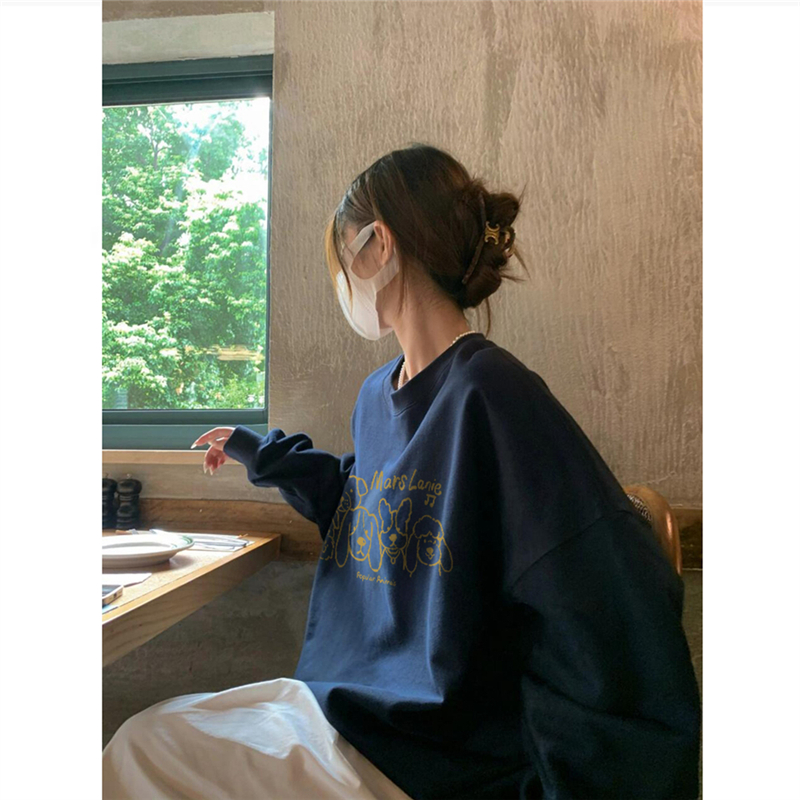 纯棉美式复古卡通无帽圆领卫衣女