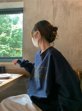 纯棉美式复古卡通无帽圆领卫衣女2025新款加绒加厚宽松慵懒风上衣