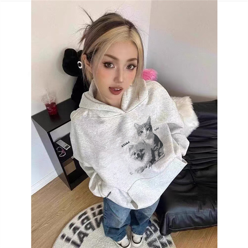 纯棉美式复古潮牌灰色连帽卫衣女