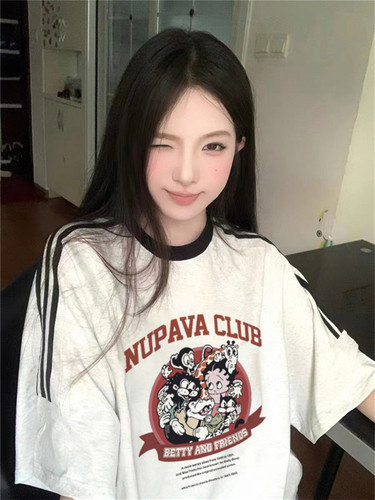 100%纯棉美式卡通插肩短袖t恤女