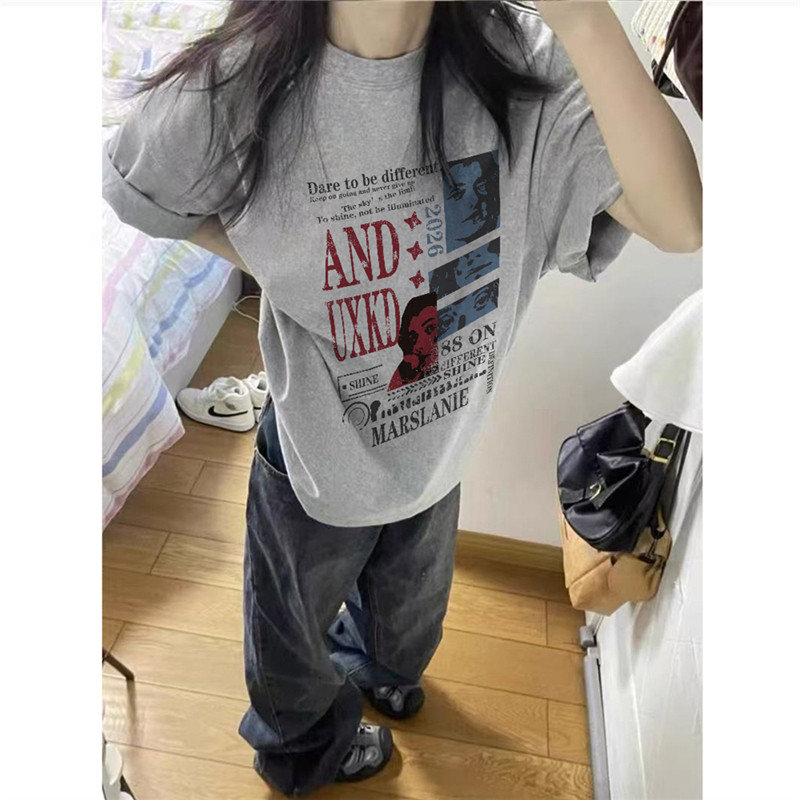 纯棉美式复古正肩灰色短袖t恤女夏季设计感小众慵懒潮牌半袖上衣