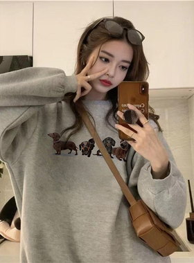 纯棉美式高街超好看oversize灰色卫衣女秋冬加绒加厚慵懒无帽上衣