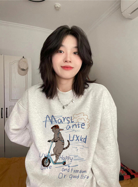 纯棉高街美式潮牌卡通套头加绒加厚卫衣女秋冬设计感小众慵懒上衣