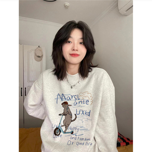 纯棉高街美式 潮牌卡通套头加绒加厚卫衣女秋冬设计感小众慵懒上衣