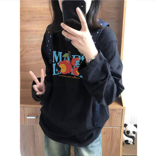 宽松慵懒字母潮牌高级感体恤 t恤女秋季 纯棉高街美式 复古正肩长袖
