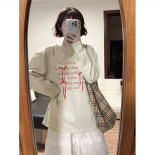 小众设计感宽松打底衫 t恤女春秋薄款 复古字母蝴蝶结长袖 纯棉美式