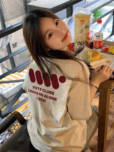 宽松设计感小众别致上衣 t恤女夏季 100%纯棉美式 韩系chic港味短袖