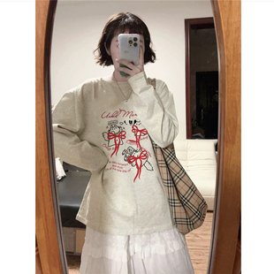 设计感小众宽松潮牌慵懒上衣 t恤女2026新款 纯棉美式 灰色正肩长袖