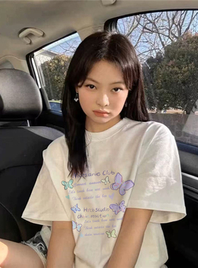 纯棉美式复古蝴蝶印花正肩短袖t恤女夏季宽松设计感小众白色体恤