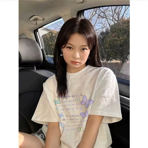 美式复古蝴蝶印花正肩短袖t恤女