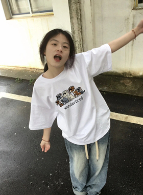 纯棉设计感正肩短袖t恤女夏季宽松独特港味chic美式卡通体恤上衣