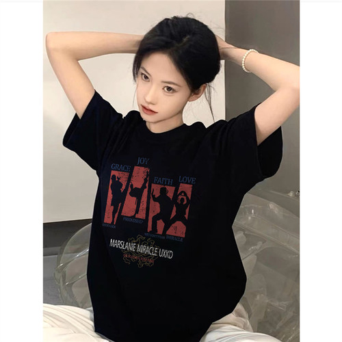 纯棉高街美式复古正肩短袖t恤女