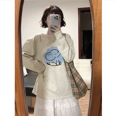 美式复古创意小象正肩长袖t恤女