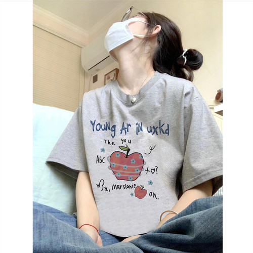 美式设计感苹果正肩短袖t恤女夏