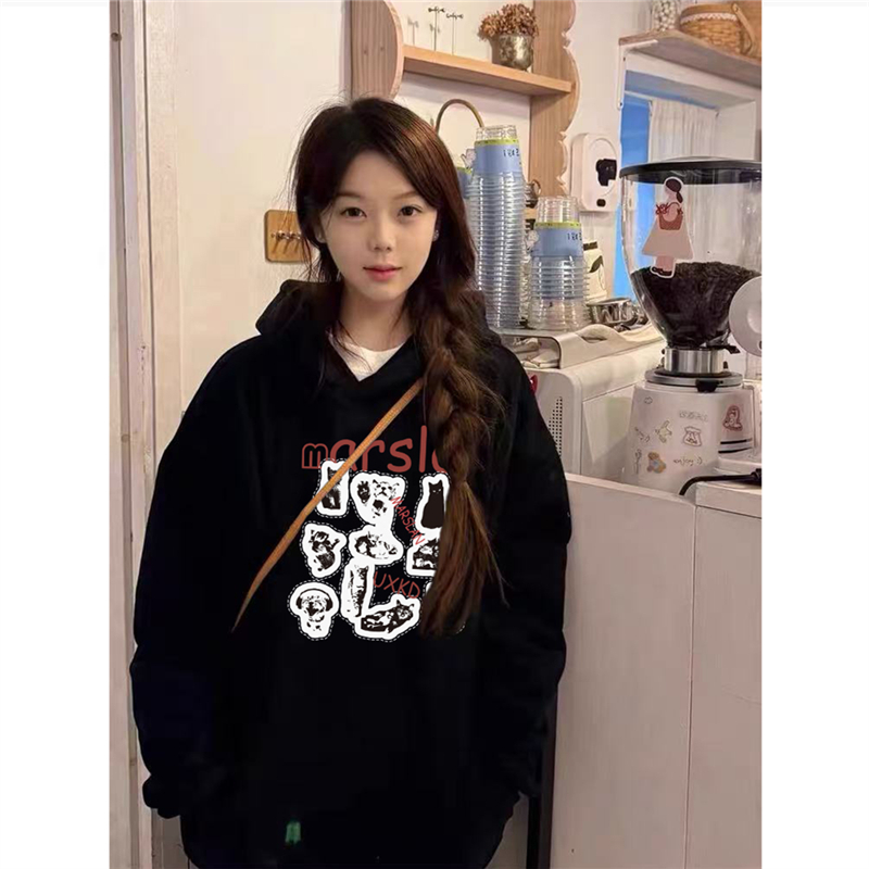 纯棉美式复古卡通连帽卫衣女加绒