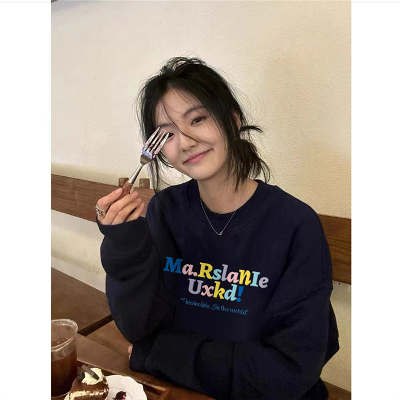 美式潮牌字母印花无帽圆领卫衣女