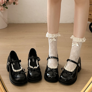 法式方跟小皮鞋软底春夏新款一字扣乐福鞋女单鞋花边一脚蹬配裙子