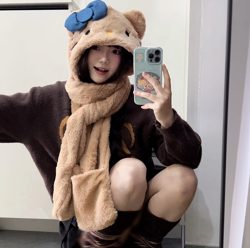 可爱Kt小熊帽子围巾一体女冬季保暖加绒加厚毛绒围脖卡通斗篷披肩