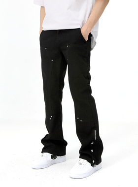 PASET国潮微喇叭猫须水洗牛仔裤复古美式街头黑色裤子男休闲长裤