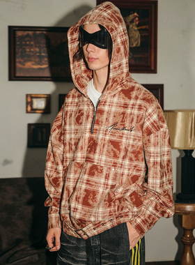 穆祉丞同款PASET半拉链格纹短宽连帽卫衣男女外套慵懒风设计上衣