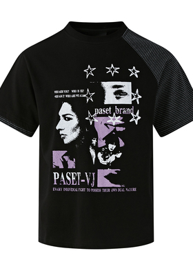 PASET原创复古人像涂鸦印花短袖T恤黑色街头潮牌拼接条纹宽松上衣
