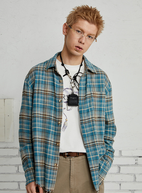 PASALIENS&PASET高级感痞帅蓝格子衬衣男潮牌法兰绒宽松衬衫外套