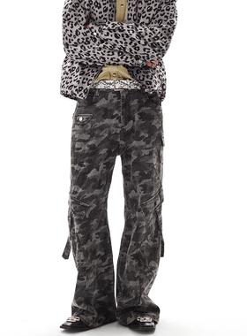 PASET美式复古迷彩牛仔裤男宽松微喇直筒多口袋工装裤流行拖地裤