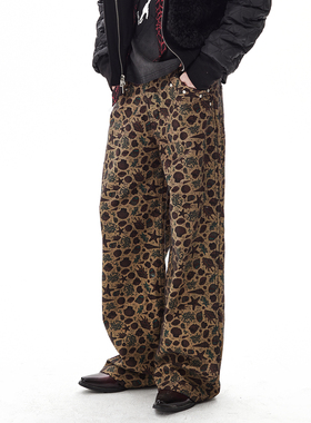 PASET复古美式卡其印花牛仔裤巴恩风宽松直筒男女裤子设计感长裤