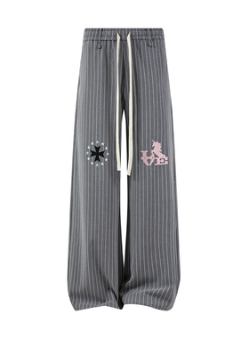 PASET原创设计感条纹阔腿裤哥特拖地宽松直筒抽绳休闲裤刺绣长裤