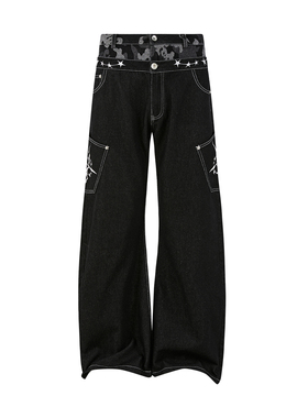 PASET迷彩假两件双腰头原牛微喇弯刀牛仔裤原创小众设计刺绣长裤