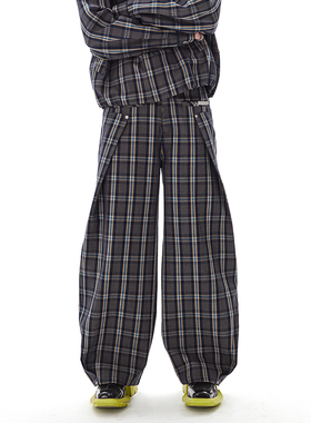PASET复古格纹休闲裤男女小众设计感折叠宽松显瘦阔腿牛仔长裤子