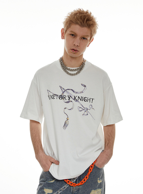 陈奕恒PASET美式复古骑士印花短袖T恤男高街感痞帅印花上衣体恤