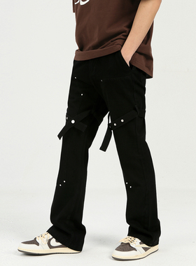 PASET微喇叭修身黑色绑带牛仔裤工装裤子男美式高街设计感长裤