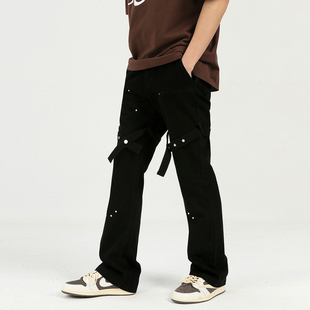 黑色绑带牛仔裤 高街设计感长裤 工装 子男美式 裤 PASET微喇叭修身