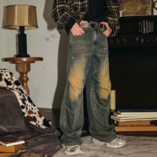 高街baggy宽松阔腿休闲长裤 PASET多结构复古水洗做旧牛仔裤 男美式
