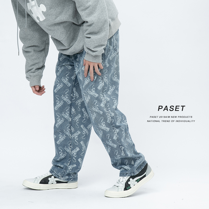 PASET印花牛仔裤宽松直筒休闲
