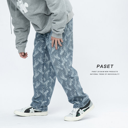 PASET印花牛仔裤宽松直筒休闲