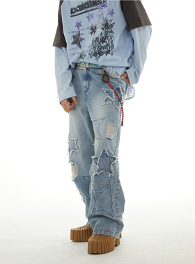 陈思罕同款/PASET星星破洞美式复古水洗牛仔裤男女潮牌宽松直筒裤