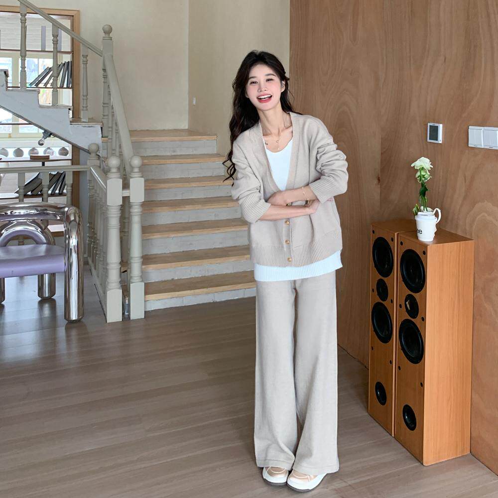 流行慵懒风针织套装女春秋爆款时尚高级感洋气假两件阔腿裤两件套