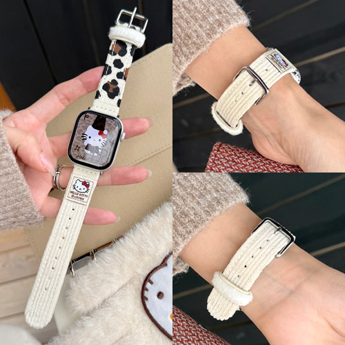 适用苹果手表皮质秋冬凯蒂猫表带